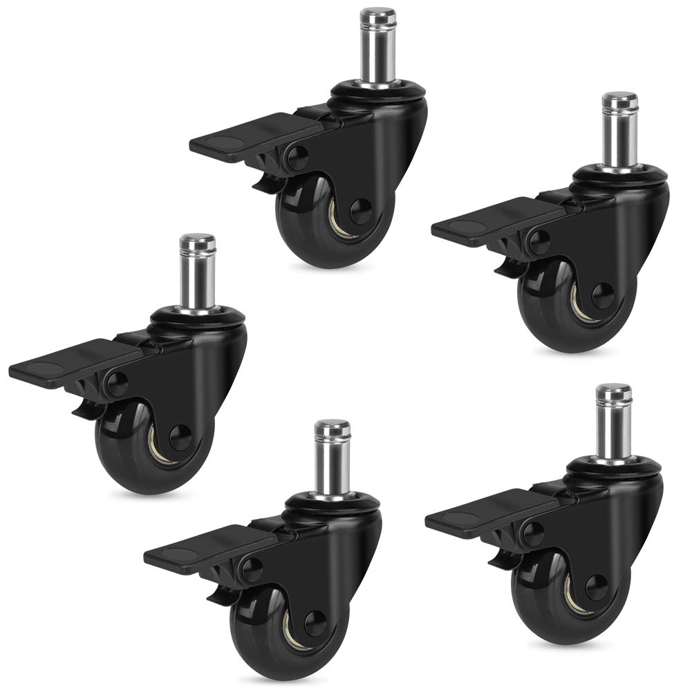 Hirate 3" Casters with Dual Brake for 7/16" x 7/8" Home Office Desk Chairs | 5 Pack Heavy Duty Lockable Swivel Caster, Smooth Roller Wheel Replacement,Safe for Hardwood, Marble,Tile & Carpet