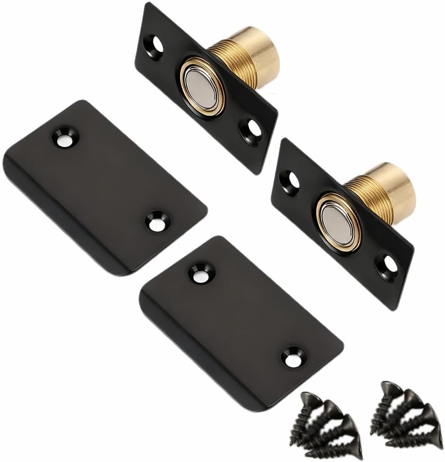 2PCS Closet Magnetic Catch Include Fastening Screws, Upgraded Roller Door Latch Replacement for Uneven Doors, Strong Holding Force (Black)