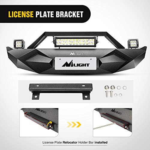 Image of Nilight Front Bumper w /Winch Plate Compatible for 2018-2024 Jeep Wrangler JL with 72W LED light bar 2 x 18W LED Work Light Pod License plate bracket