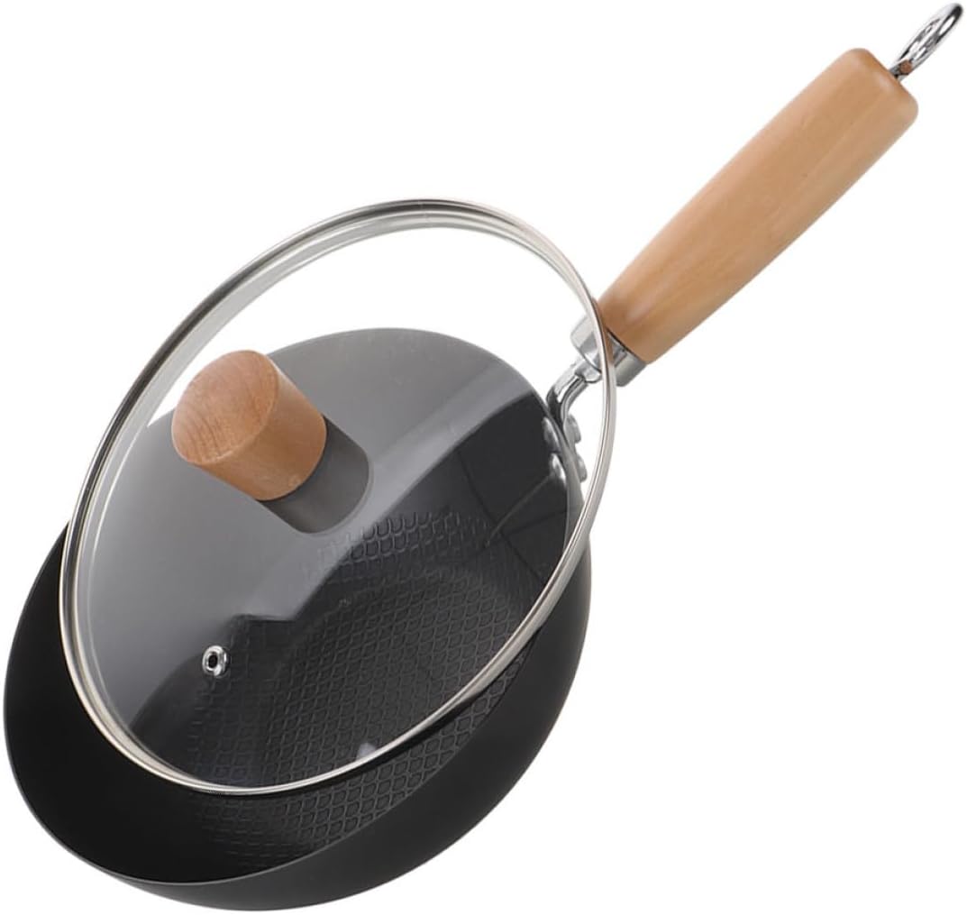 Cast Iron Skillet with Lid 24cm Small Traditional Wok for Gas and Electric Stove Nonstick Stir Fry Pan Suitable for Asian Cooking