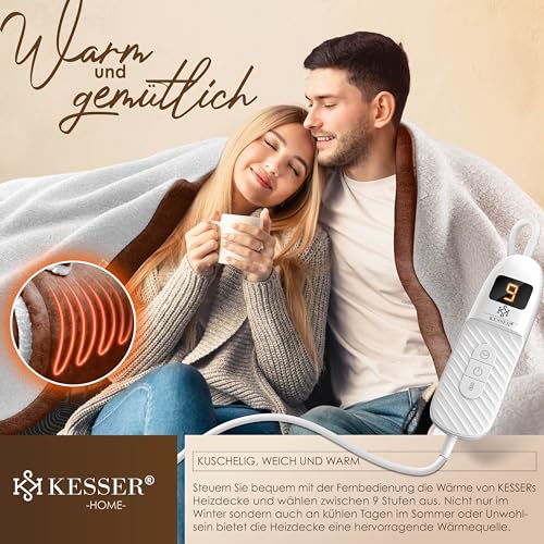 KESSER® Heizdecke mit Abschaltautomatik 180x130cm Doppelseitig Elektrische Wärmedecke | Kuscheldecke Bett, Sofa | 9 Temperaturstufen | waschbar bis 40°C | mit Timer Digitalanzeige Braun