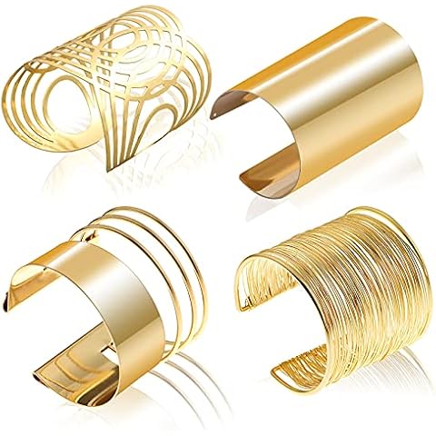 Mcree 4 Pieces Arm Cuff Upper Arm Band Cuff Bracelet Bangle Gold Coil Bracelet Open Wide Wire Bracelets for Women Gold Minimalist Adjustable Armband Jewelry for Women, Gold (Diameter 5.5) Cover