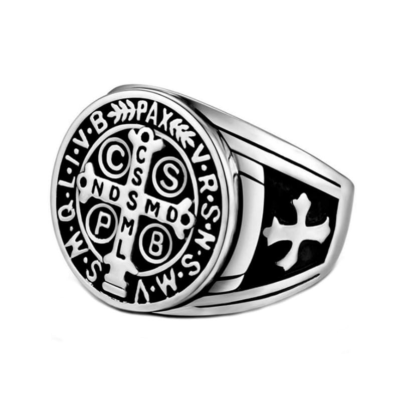 BOBIJOO Jewelry - Bague Chevalière Homme Croix Saint Benoît Protection Démon Acier Argenté Noir - 75 (15 US)