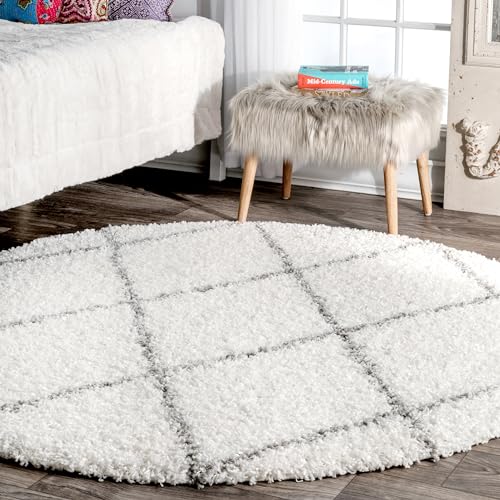 nuLOOM Tess Moroccan Shag Area Rug - 4 Round Accent Shag Rug Modern/Contemporary White/Grey Rugs for Living Room Bedroom Dining Room Nursery Entryway
