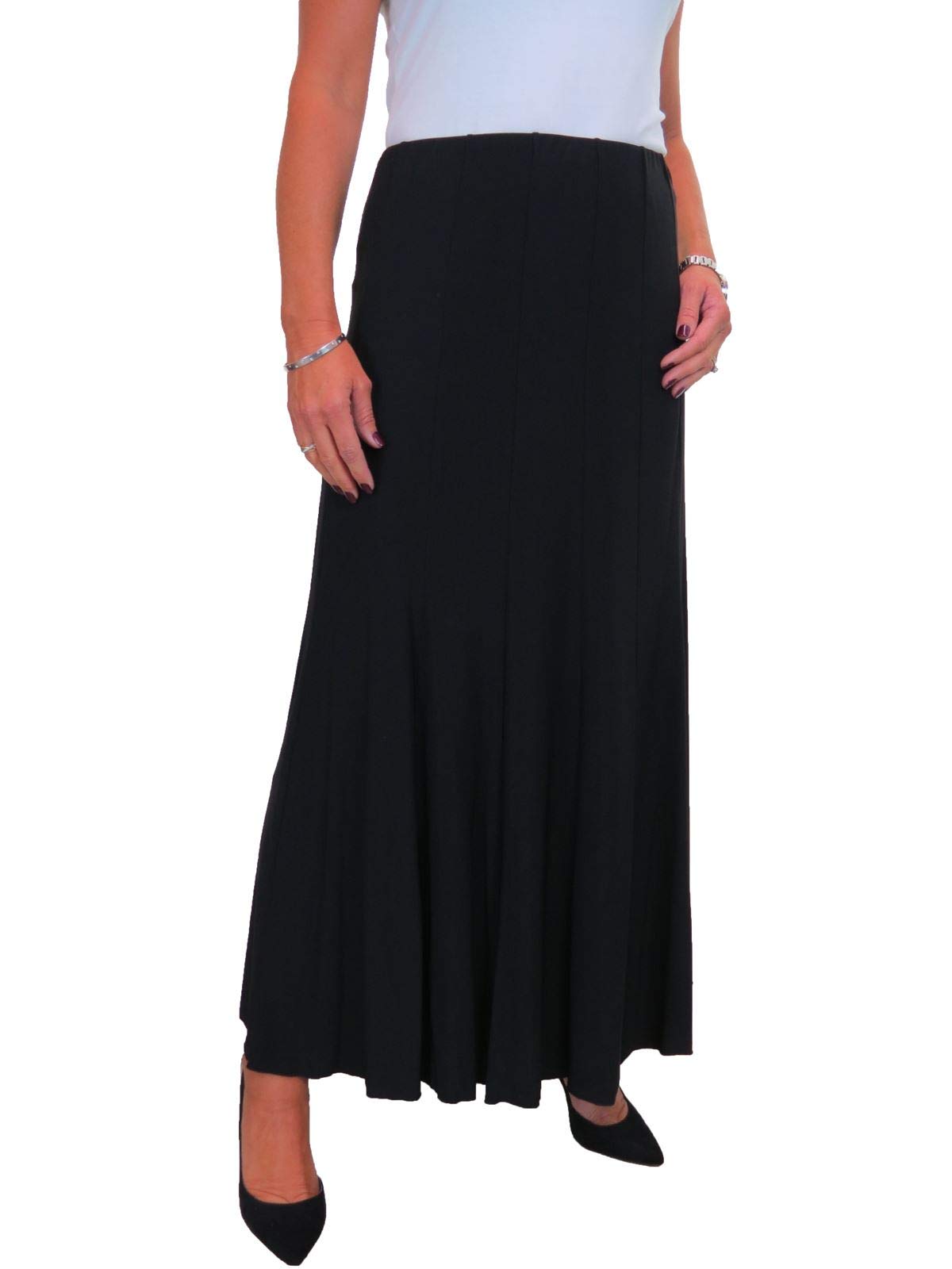 icecoolfashion Women's 38" Long Ankle Length Panel Swing Flare Maxi Skirt Soft Stretch Sheen Fully Lined Black 10-22 (XL)