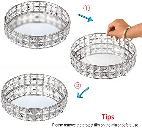 Feyarl Crystal Mirrored Tray Anti-Scratch Glass Mirror Surface Vanity Makeup Tray Cosmetic Perfume Tray Round Decorative Tray for Dresser bathroom Home Decor (Silver)