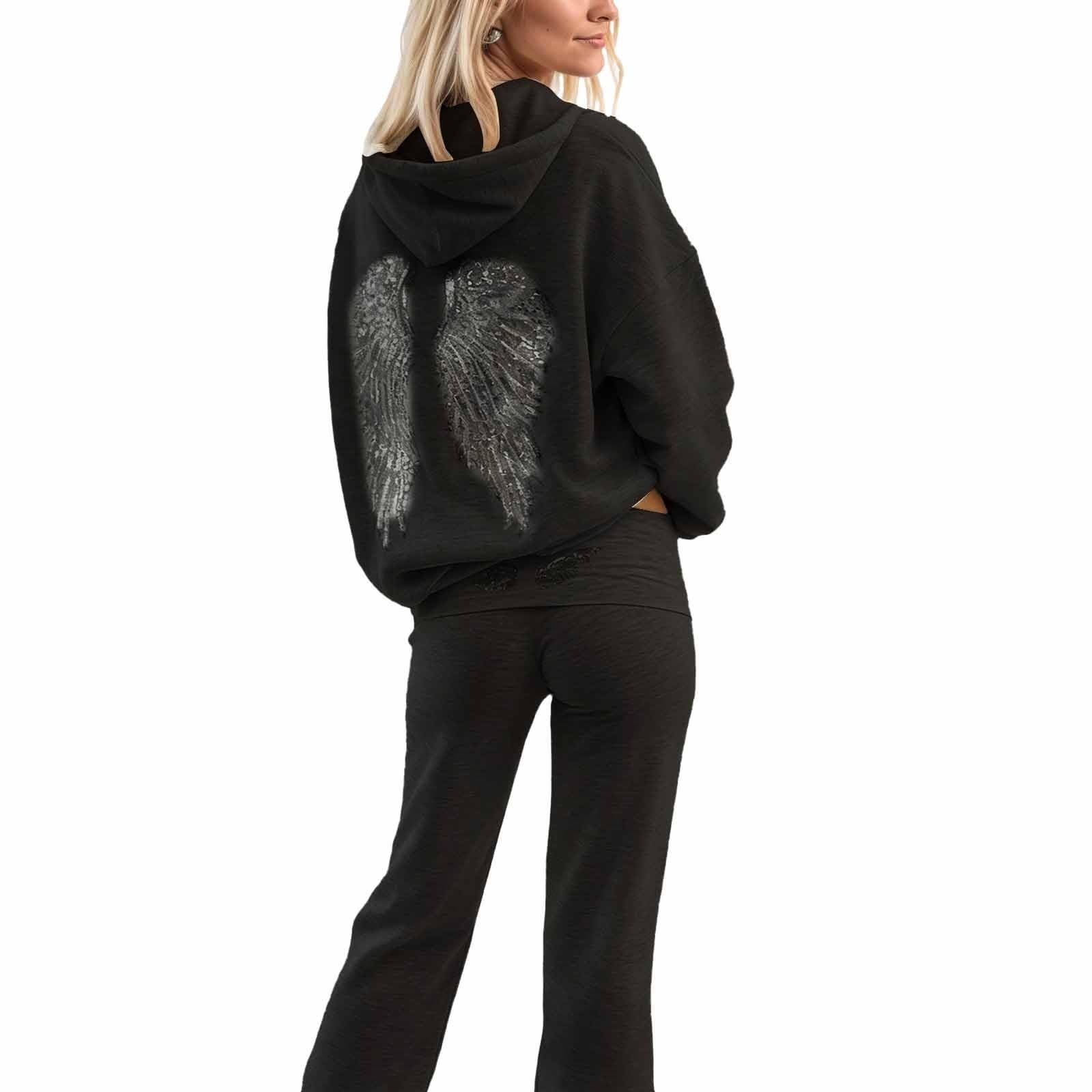 Generisch Tuta da jogging da donna, set di tuta da jogging con ali di angelo, con cappuccio e pantaloni da jogging in due pezzi, tinta unita, elegante e morbida tuta sportiva Y2k