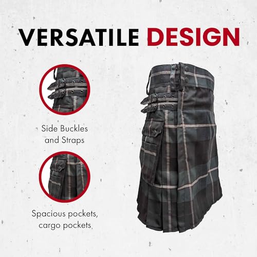 UT Kilts Men's Standard Tartan Utility Kilt, Modern Scottish Kilt for Everyday Wear, Tactical Kilts with Adjustable Hip Straps & Cargo Pockets for Men, Midnight Sea, 44" Waist