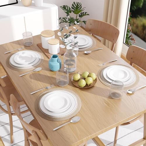 Image of Dining Table Mats Set of 4 | Cotton Table Mat 32 cm Diameter, Encasa XO Washable Round Table Mats, Heat Resistance Dining Table Placemats, Handmade Ribbed Style for Centre Table, Off White & Beige