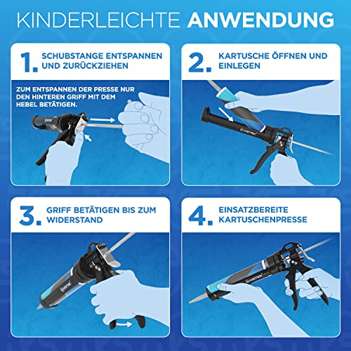KISTEK® Profi Kartuschenpresse [150-310ml] - Silikonspritze mit 24:1 Übersetzung inkl. Ratgeber - Kartuschenpistole mit gummierten Griffen - Silikonpistole für Silikon, Acryl, Mörtel & Klebstoffe