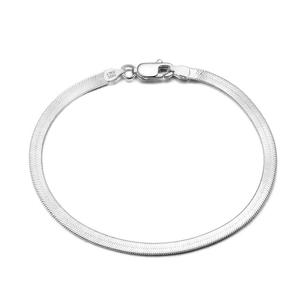 LYGXWJFC Pulsera De Plata Esterlina, Moda S925 Pulsera De Plata Esterlina Pulsera De Cadena De Eslabones De Espiga Plana De 3 Mm Pulsera De Hueso De Serpiente Plana Unisex Pulsera De Amistad