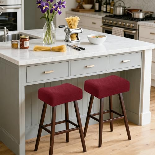 Image of Waterproof Saddle Bar Stool Covers Set of 2 14X18Inch Stretch Rectangle Burgundy Barstool Covers Counter 2 Pack Jacquard Washable