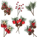 FairyLee 12 STK Künstliche Tannenzweige mit Beeren und Tannenzapfen Weihnachtsdekoration - Tischdeko - Adventsdeko Ideal für Weihnachtsdeko, Blumenarrangement, Kranz, Girlande (Rot, 15CM, 6 Typen)