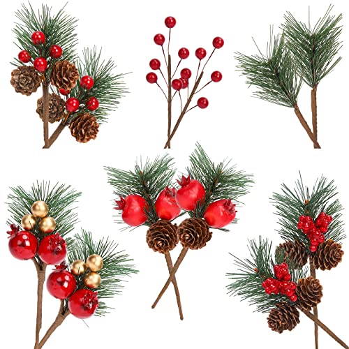 FairyLee Lot de 12 branches de sapin artificielles avec baies et pommes de pin,Décoration de Noël,Décoration de table,Idéal pour décoration de Noël, arrangement floral, couronne, 15 cm, 6 types) Cover
