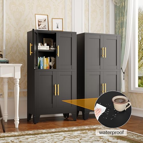 Image of 47 inch Black Metal Bathroom Storage Cabinet, Kitchen Pantry Cabinet | Steel Storage Cabinet with Doors and 3 Adjustable Shelves, Bathroom cabinets Organizer, for Home Office, Bedroom