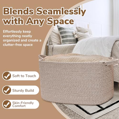 Image of Goodpick 85L Large Woven Rope Blanket Basket, Rectangle, Brown