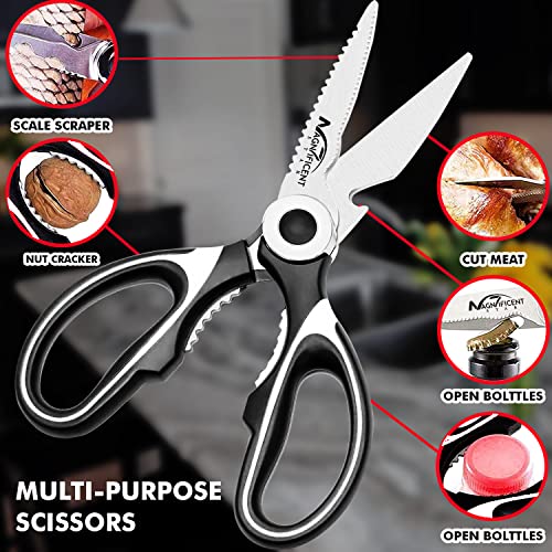 Image of Kitchen Scissors, Heavy Duty Shears with Safety Cover, Soft Grip, for Meat, Poultry, Herbs Cutting, Bottle and Jar Opener (White)
