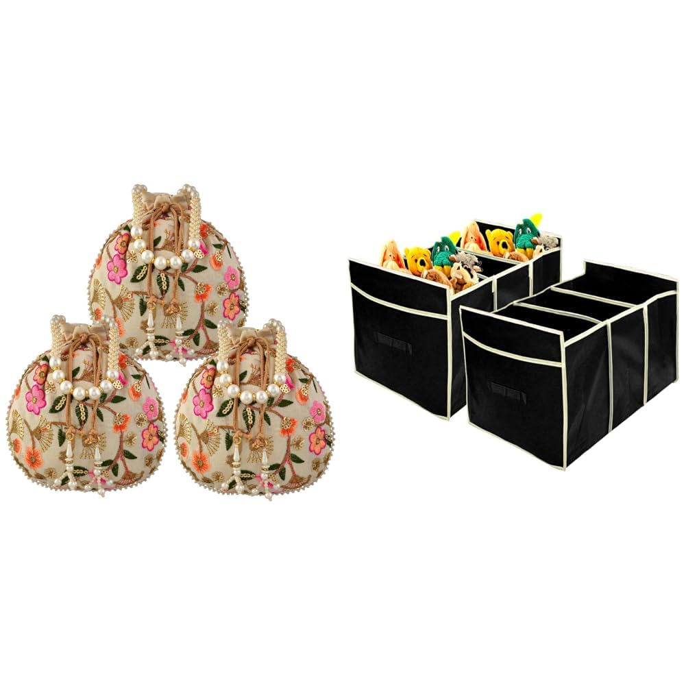 kuber industries Women's Potli | Silk Wedding Potli | Christmas Gift Potli | Baby Shower Potli | + Collapsible Portable Heavy Duty Cargo Trunk Organizer with 3 Compartments (Black)-picture-17