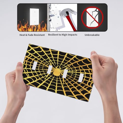 Decorative Switch Plate Covers Black Background with Golden Spiderweb Spider 4 Gang Light Switch Cover Plate Quad Toggle Wall Plate Outlet Covers for Bedroom Home Decor