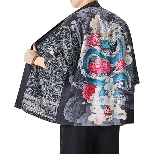 Image of PRIJOUHE Men's Japanese Kimono Cardigan Jackets Casual Long Sleeve Open Front Coat Lightweight Yukata Outwear