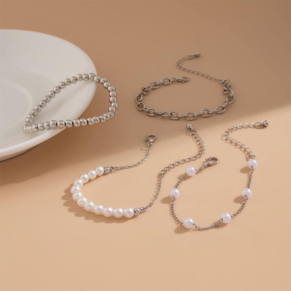 4Pcs Gold Stack Pearls Beaded Statement Bracelets for Women Fashion Fake Pearl Stackable Bangles Link Chain Bracelet Trendy Layering Jewelry Gift Set - Image 7
