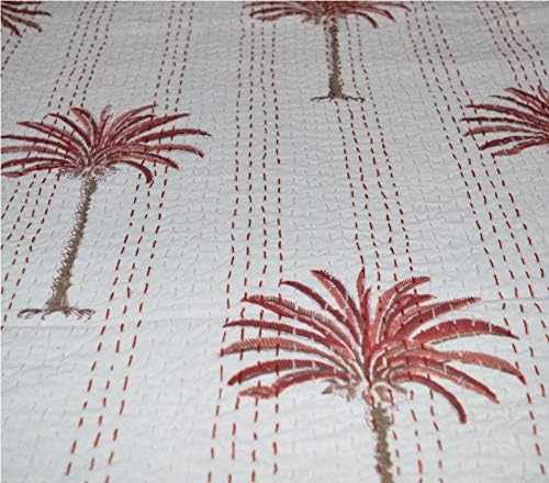 Palm Tree Handblock Print Queen Size Kantha Quilt Blanket Bed Cover Kantha Bedspread Bohemian Bedding Size, 90x60