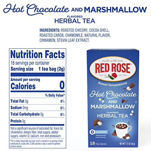 Red Rose Sweet Temptations Dessert Tea Hot Chocolate With Marshmallow, Zero Carbs, Zero Sugar Bursting With Flavor Caffeine-Free Delicious Beverage Herbal Tea, 18 Count Naturally Flavored Black Tea #TOP4
