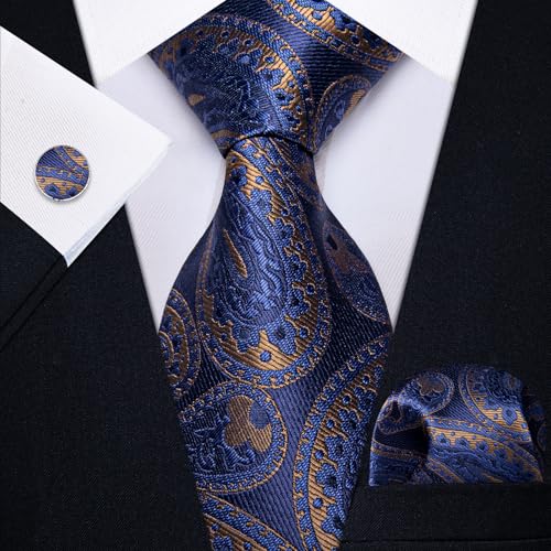 Image of YourTies Silk Paisley Floral Tie and Pocket Square Cufflinks with Lapel Pin Sets for Men 5PC Wedding Party