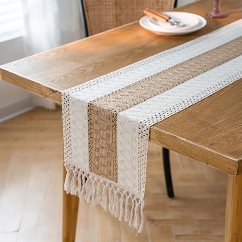 Macrame Style Bicolor Stitching Table Runner，12 x 72 Inch Cream &...