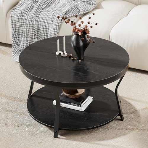 Round Coffee Table, Circle Wood Coffee Tables for Living Room, 2 Tier Industrial Modern Center Table with Thickened Tabletop and Metal Frame, 31.5 inch (Black)