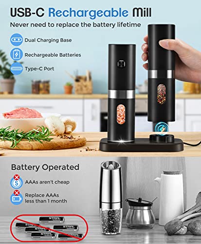 Cosyairey Electric Salt And Pepper Grinder Set, 𝟮𝟬𝟮𝟯 𝙉𝙚𝙬 Rechargeable Salt And Pepper Mill With Charging Base, White Led Light, One Hand Automatic Operation, Adjustable Coarseness, Black, 2Pack #TOP1