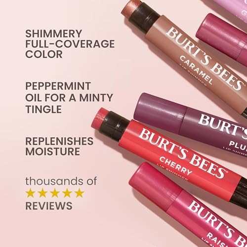 Burt's Bees Shimmer Lip Tint, Tinted Lip Balm Stick, Moisturizing for All Day Hydration with Natural Glowy Pigmented Finish & Buildable Color, Peony, 1 Tube, 0.09 oz