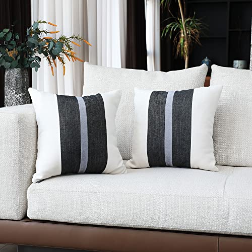 Boysum Farmhouse Patchwork Throw Pillow Covers 16X16 Inch, Set Of 2 White And Dark Gray Decor Pillow Cover For Couch Chair Bedroom Striped Pillow Covers Modern Decor (White And Dark Gray) #TOP6