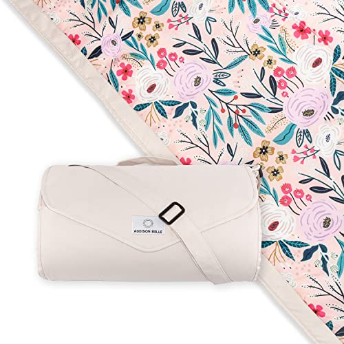 Image of ADDISON BELLE – Premium Outdoor Blanket | Picnic Blanket | 100% Polyester | Summer Beach Blanket | Water Resistant | Easy to Fold | Wipeable Material | Babies and Toddlers (Pink/Flowers, 5x5)