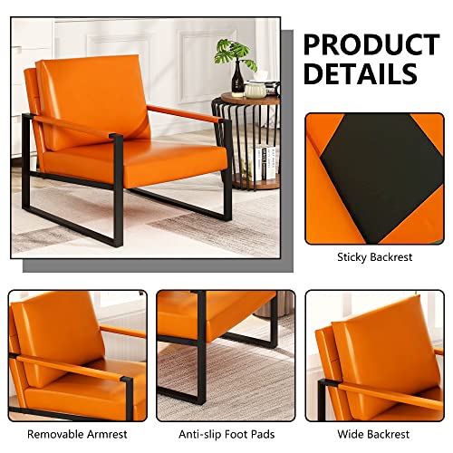 Awqm Leather Accent Chair Set Of 2 Sofa Chair With Extra-Thick Padded Backrest And Seat Cushion Single Sofa For Living Room Bedroom, Black Metal Frame, 105 Degree Slant Back, Orange #TOP6
