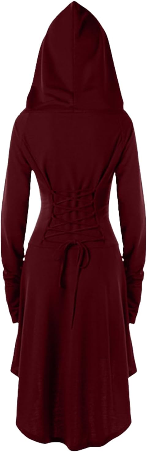 Womens Renaissance Costumes Halloween Costume for Womens Medieval Vintage Hooded Costume High Low Pullover Dress - Image 7