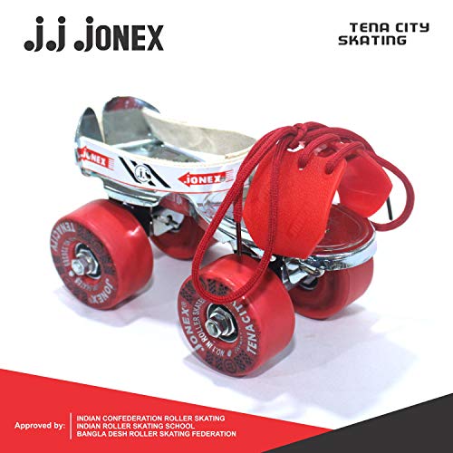 Image of Jonex Unisex Super Tenacity Adjustable Quad Roller Skates for Junior Kids (3-6 Years), Indoor Outdoor Wheels, Metal Body, 55 mm Wheels, Color - Red