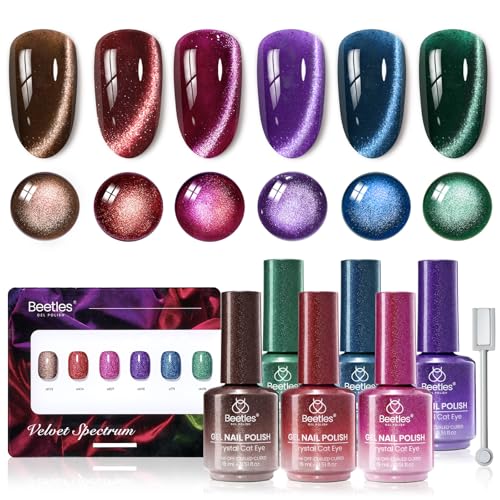 Image of Beetles Cat Eye Gel Nail Polish Set - 6 Colors 15ML Full Size Glitter Gel Polish Kit Red Pink Brown Burgundy Purple Blue Green Magnetic Stunning Effect Soak Off UV Nail Art DIY Home Manicure Gifts