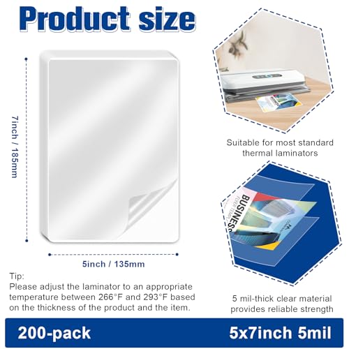 Image of 200 Pack 5mil 5 inchx7 inch Thermal Laminating Pouches Badge Laminate Pouches Clear Laminated Luggage Tags Printable Laminator Pouches for Business Permits Cards (200, 5.3 inchx7.3 inch-5mil)