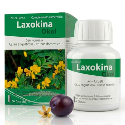 Laxokina Okal Laxante Natural Fuerte y Rápido Alivia el Estreñimiento en Adultos 60 Cápsulas Vegetales Ablanda las Heces Extracto de Sen y Ciruela Favorece Transito Intestinal Laboratorio Español 1926