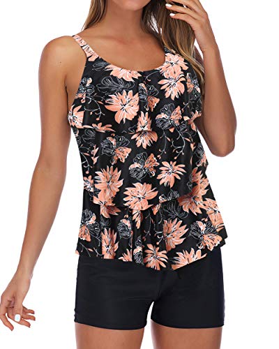 RXRXCOCO - Traje de baño tankini de talla grande para mujer con pantalones cortos tankini Tops Control de barriga Traje de baño Rosa y negro. L