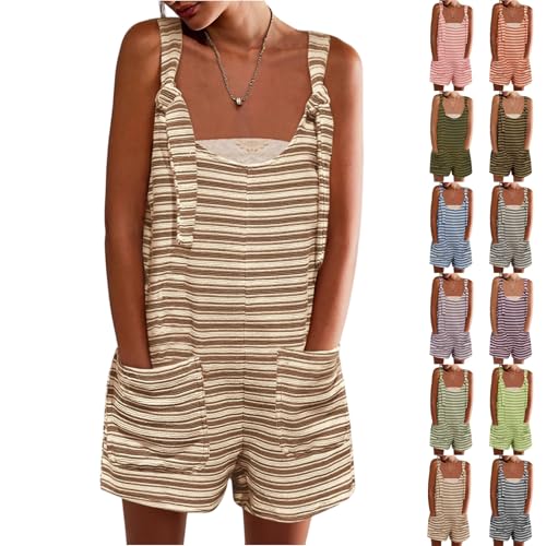 Summer Overalls for Women 2025 Linen One Piece Striped Rompers Beach Vacation Wide Leg Short Jumpsuits with Pockets Baggy Adjustable Bib Overall Shorts for Women Lightweight Cotton Linen Rompers
