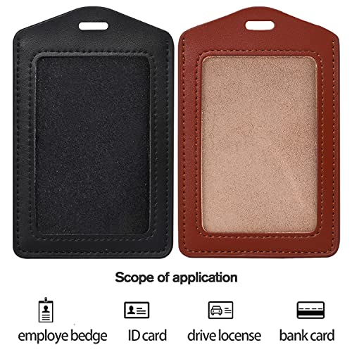 2 Pack Genuine Leather Id Badge Holders, Vertical Id Card Holders With Single-Side Clear Window, Waterproof Name Badge Holde Suit For Office, Staff, Students, Employees #TOP4
