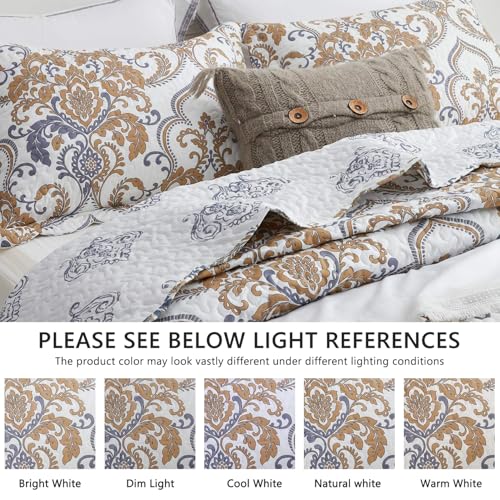 Image of CHIXIN Oversized King Bedspread 128x120 Extra Wide - European Damask Paisley Pattern - Classic & Gorgeous Bedding Cover, Lightweight, Ultra Soft, 5 Piece, 100% Microfiber, White /Khaki /Grey