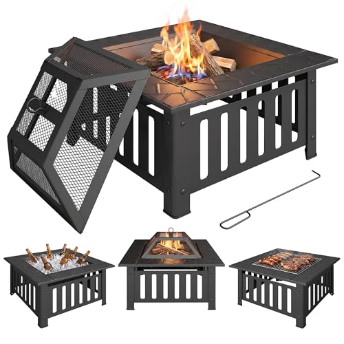 Outsunny Brasero Exterior de Acero Cuadrado, 67x67x47 cm, Brasero Exterior Jardín con Atizador, Tapa de Malla, para Terraza, Camping, Fiesta, Negro