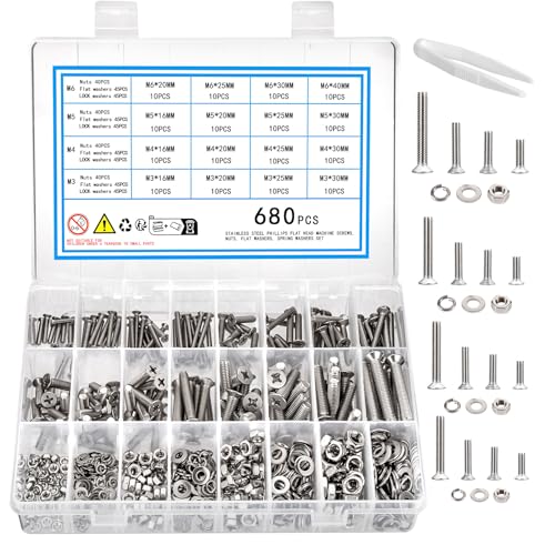 KOXXIAMOQ 680 Stück M3 M4 M5 M6 Senkkopfschrauben und Muttern und Unterlegscheiben Set, Flachkopfschrauben, Maschinenschrauben Set, Flachkreuz Schraubensortiment mit (680)