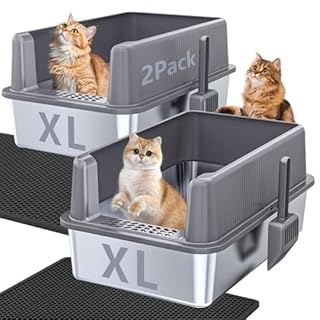 2 Pack XL Stainless Steel Litter Box with 2 Scoop & 2 Mat, Metal Cat Litter Pan, High Sided, Anti-Urine Leakage, Odor-Free & Easy Clean
