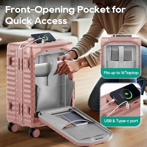 Image of Joyway 20 Inch Carry on Luggage with Aluminium Frame and Front Pocket, PC Hardshell Suitcase with USB Port and Cup Holder, 21.5x14.2x9 Airline Approved, Luggage with Spinner Wheel TSA Lock(Rose Gold)
