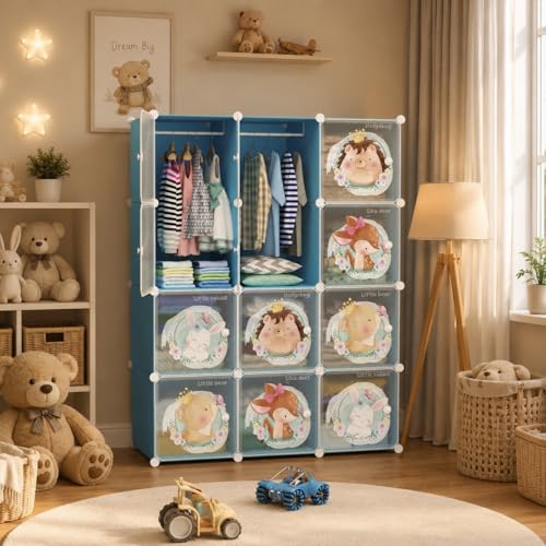 Image of Mevigo Foldable Plastic Wardrobe for Clothes - 12- Door Baby Cupboard for Clothes Storage, Wardrobe for Kids, Plastic Almirah, Collapsible Wardrobe for Kids Livingroom & Home (Blue-KTC3, 12- Door)