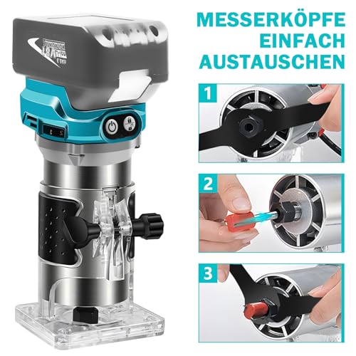 Akku Kantenfräse für Ma-kita 18V Akku, 30000 U/min Bürstenloser Trimmer mit 1/4, 6 mm und 8 mm, Kompaktfräse, Akku Oberfräse Einhandfräse Holztrimmer mit 6 Geschwindigkeit (ohne Akku)